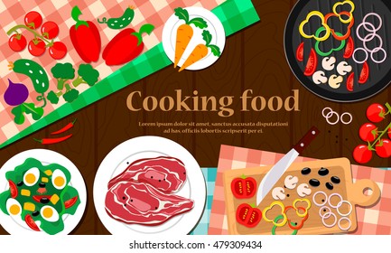 Food and cooking. Set with vegetables on wooden table. Vector illustration flat design