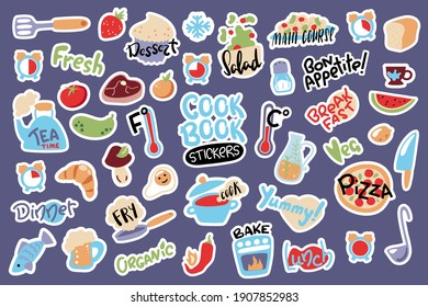 Food cooking stickers, vector illustration with white outline. Doodle objects and lettering stickers for cook book or recipe card. Kids cooking class activity. Temperature and cooking time icons