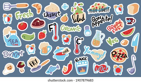 Food cooking stickers, vector illustration with white outline. Doodle objects and lettering stickers for cook book or recipe card. Kids cooking class activity. Temperature and cooking time icons