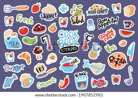 Food cooking stickers, vector illustration with white outline. Doodle objects and lettering stickers for cook book or recipe card. Kids cooking class activity. Temperature and cooking time icons