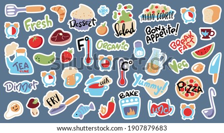 Food cooking stickers, vector illustration with white outline. Doodle objects and lettering stickers for cook book or recipe card. Kids cooking class activity. Temperature and cooking time icons