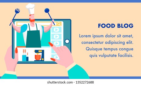 Food Cooking Tutorial Blog Flat Banner Template. Hands Holding Tablet with Educational Video. Chef in Apron with Paddle and Scoop. Culinary Online Channel Vector Illustration with Text Space