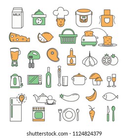 Food and cooking utensils icon set. Vector thin line art flat style design elements isolated on white background.