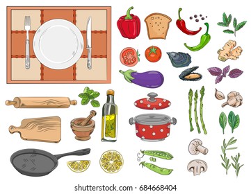 Food cooking vector set collection mixed. Dishes, vegetables, spices.