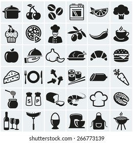 Food and cooking web icons. Set of black symbols for a culinary theme. Healthy and junk food, fruit and vegetables, spices, cooking utensils and more. Vector collection of silhouette design elements.