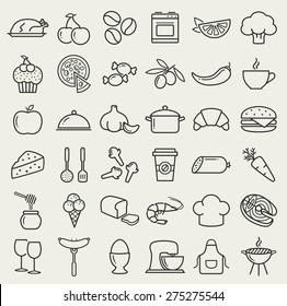Food and cooking web icons. Set of black symbols for a culinary theme. Healthy and junk food, fruit and vegetables, seafood, spices, cooking utensils and more. Collection of line design elements.