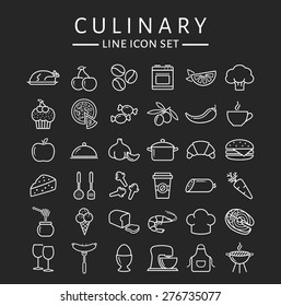 Food and cooking web icons. Set of white symbols for a culinary theme. Healthy and junk food, fruit and vegetables, seafood, spices, cooking utensils and more. Collection of line design elements.
