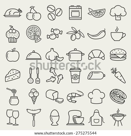 Food and cooking web icons. Set of black symbols for a culinary theme. Healthy and junk food, fruit and vegetables, seafood, spices, cooking utensils and more. Collection of line design elements.