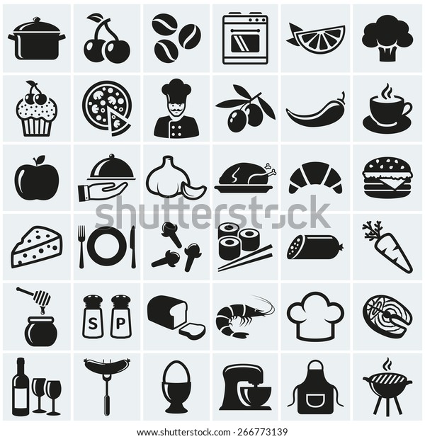 食べ物と料理のウェブアイコン 料理テーマの黒い記号のセット 健康でジャンクな食べ物 果物や野菜 香辛料 調理器具など シルエットデザインエレメントのベクター画像コレクション のベクター画像素材 ロイヤリティフリー
