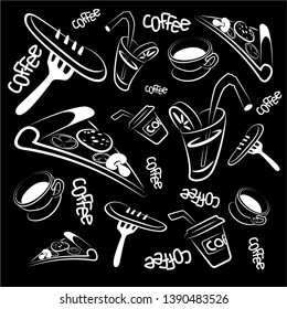 Food, cool drawing of pizza, sausages, juice. Fast food.