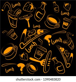 Food, cool drawing of pizza, sausages, juice. Fast food.