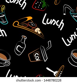 Food, cool drawing of pizza, sausages, juice. Fast food.