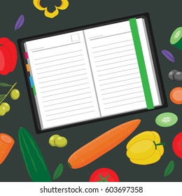 Food copyspace. Notepad surrounded by vegetables