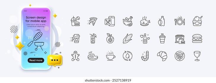 Iconos de la línea de la comida, del maíz y del caramelo para el App del Web. Pantalla de degradado de maqueta de teléfono. Paquete de croissant, entrega de café, iconos de pictogramas para llevar. Plato de pescado, parrilla de pescado, rellenar las señales de agua. Vector