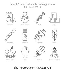 Food and cosmetics labeling icons set. Thin lines vector illustration of package marking elements. Dangerous components to avoid in healthy and natural products.