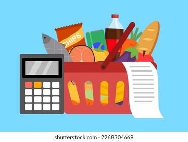 Ilustración vectorial del concepto de costo de los alimentos o precio de los comestibles. Cesta de alimentos, calculadora y factura de factura de recibo factura en diseño plano.