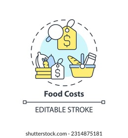 Food costs concept icon. Grocery product abstract. Household budget. Basic need. Money expense. Personal finance. Commodity price idea thin line illustration. Isolated outline drawing. Editable stroke