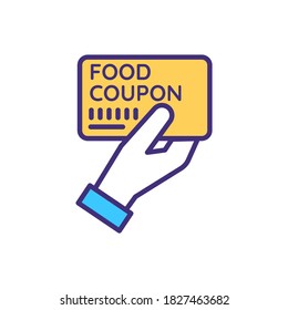 Food coupon RGB color icon. Charity organization. Feed homeless and jobless. Humanitarian help with hunger. Share dinner. Ticket to get soup. Food stamp for free meal. Isolated vector illustration