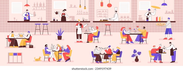 Food court. Busy restaurant hall with people eating, drinking together and talking. Visitors at cafe tables enjoying dinner vector illustration of restaurant cafe with chair and food lunch