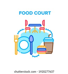 Food Court Cafe Vector Icon Concept. Food Court Table With Chairs For Eating Delicious Nutrition Burger And Drink Beverage. Kitchen Utensil Plate, Fork And Spoon Color Illustration