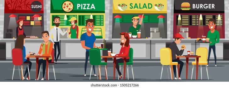 Food court, cafeteria flat vector illustration. Happy public eatery customers and sellers cartoon characters. Young men and women with trays, lunch break. Fast meal sale business, takeaway service