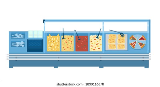 Food court or canteen with different food and utensils. Isolated On White. Flat Vector Illustration.