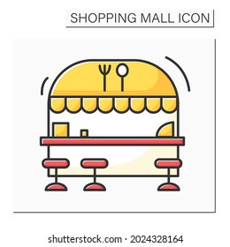 Food court color icon. Food area with fast-food outlets located. Mini-restaurant inside the mall. Shopping mall concept. Isolated vector illustration