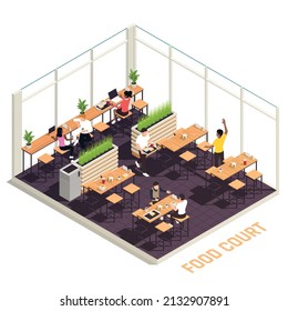 Food court colored and isometric composition diners sit at bar stools for lunch vector illustration