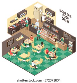 Food Court Composition With Isometric Interior Of European Asian Restaurant Rooms Visitors And Kitchen With People Vector Illustration