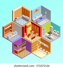 Food court composition with seven isometric cafe restaurant room interiors in tesselar pattern candys sushi bar vector illustration