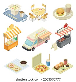 Food Court With Counters Of Multiple Food Vendors And Self-serve Dinner Area Isometric Vector Set