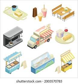 Food Court With Counters Of Multiple Food Vendors And Self-serve Dinner Area Isometric Vector Set