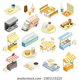 Food Court with Counters of Multiple Food Vendors and Self-serve Dinner Area Isometric Big Vector Set