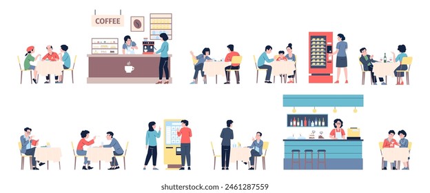 Food court elements. People have lunch or dinner, meeting in cafe. Stalls with meals and coffee, couple drinking and man reading. Recent vector set