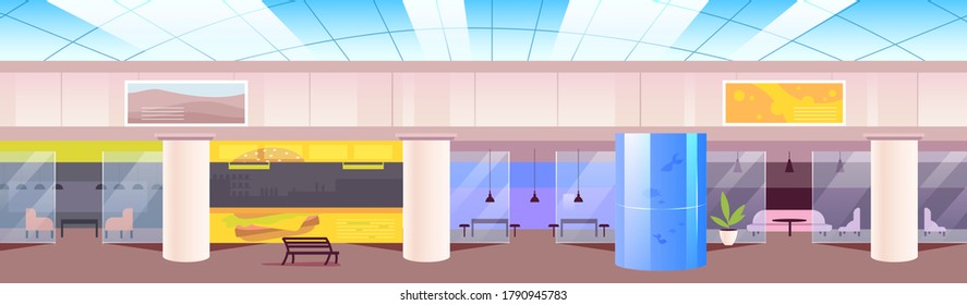 Food Court Flat Color Vector Illustration. Cafeteria In Shopping Mall 2D Cartoon Interior With Lounge Zones On Background. Recreation Center Hall With Empty Rooms. Modern Open Space Cafe