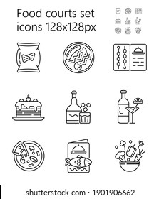 Food court icon set vector. Pizza, alcohol, drinks are shown. Grill, fish, seafood menu. Snacks, salad, torts are presented in outline style.