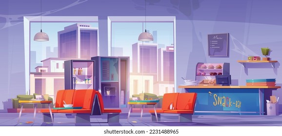 Interior de la cancha de comida, comedor en la escuela u oficina con comida rápida. Bar de aperitivos con mesas sucias, sillas rotas, mostrador, máquinas expendedoras y ventana con vista a la ciudad, ilustración vectorial de dibujos animados