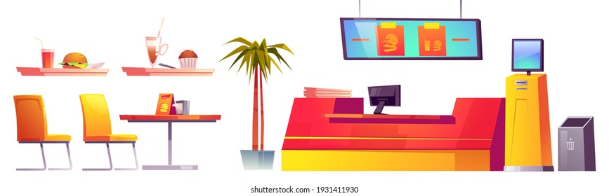 Food court interior furniture and stuff trays with fastfood, dessert and drinks, cashier desk, screen with promo video, tables with napkins and chairs, litter bin, Cartoon vector illustration, set