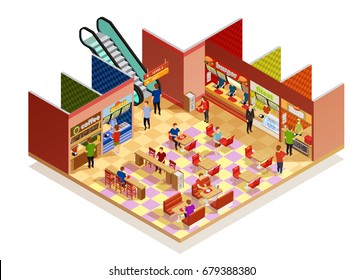 Food court interior with many visitors isometric composition on white backgrpund vector illustration