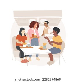 Food court isolated cartoon vector illustration. Hanging out with teens, leisure time, having fun near cafeteria, teens sitting with trays, discussing plans and eating vector cartoon.