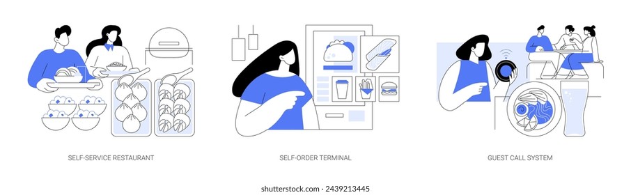 Food court isolated cartoon vector illustrations set. Diverse people with trays in self-service restaurant, use self-order terminal, guest call system, food order pager on the table vector cartoon.