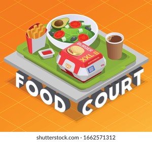 Food court isometric composition with serving platter standing on 3d text with packed meal and drinks vector illustration