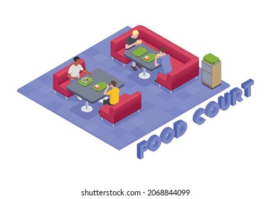 Food Court Isometric Composition With View Of Food Court Venue With Soft Seats Tables And Eating People Vector Illustation