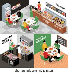 Food court isometric concept with various restaurant rooms salle and kitchen interiors with people and furniture vector illustration