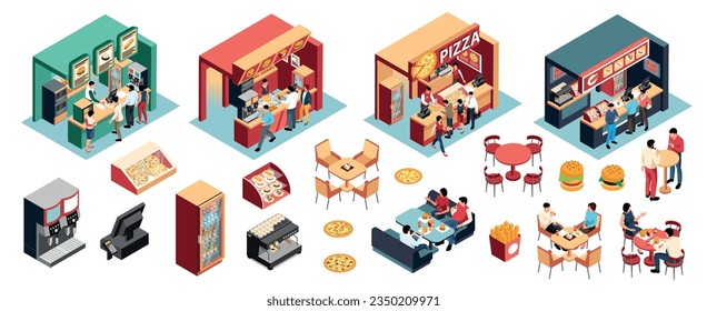 Food court isometric set of interior elements eating people and vendors taking orders isolated vector illustration