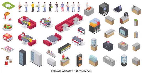 Food Court Isometric Set With Isolated Icons Of Cafe Kitchen Equipment Furniture Meal And Human Characters Vector Illustration