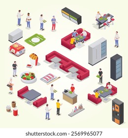 Food court isometric set with isolated icons of cafe kitchen equipment furniture meal and human characters vector illustration