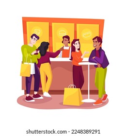Food court lineup isolated cartoon vector illustration. People waiting in line with trays, shopping mall food court, lunchtime, family spending weekend in commercial center vector cartoon.