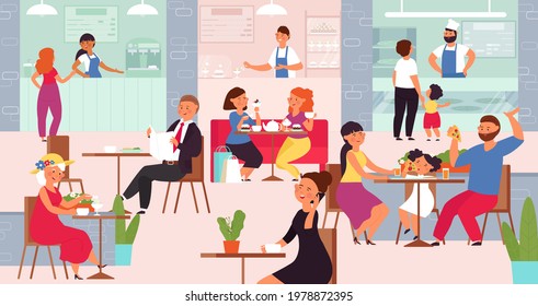 Food court. Mall cafe interior, eat people crowd. Women eating, drink coffee tea. Family having lunch. Business meet on buffet decent vector concept