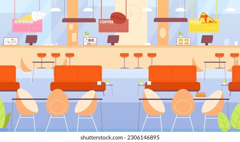 Food court mall. Interior empty hall inside cartoon cafeteria, center lounge restaurant seating table indoor cafe foodbar canteen shop counter splendid vector illustration of hall cafeteria inside